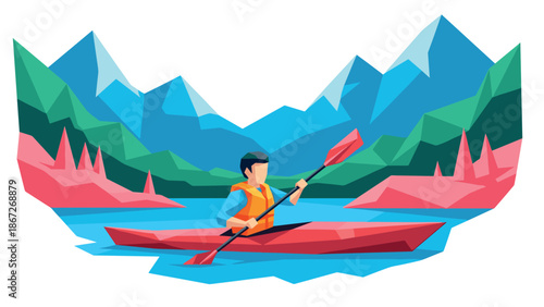 Low poly kayaking adventure in mountain lake landscape scene