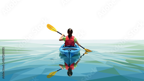 Geometric art of a person kayaking on tranquil water