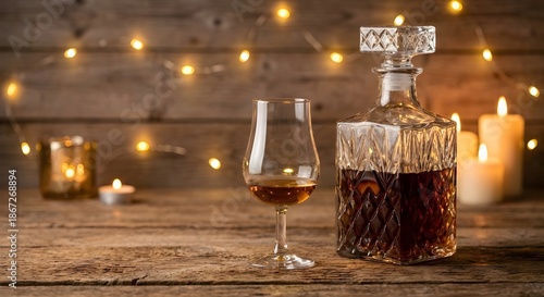 Premium Amber Whisky in Tulip Glass and Crystal Decanter on Rustic Wood Table with Golden Bokeh Christmas Lights and Candles Background