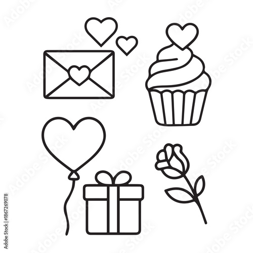 Set of vector line illustrations for Valentine's Day: envelope with hearts, cupcake, heart balloon, rose