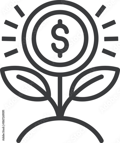 Linear vector icon of growing dollar plant, symbolizing financial investment, business profit, wealth accumulation, economic success, and rising monetary value.