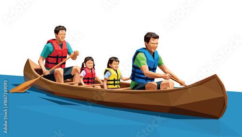 Family enjoying canoe ride on serene lake in geometric style