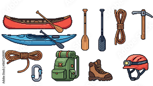 Pixel art outdoor adventure gear collection with canoes, backpack, helmet, and tools