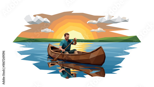 Geometric canoe adventure at sunset on lake with reflections