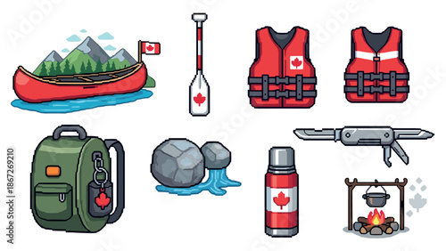 Pixel art canadian outdoor adventure icons with canoe, backpack, and campfire
