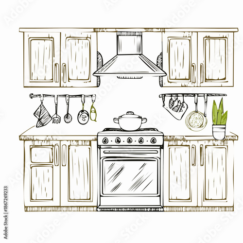 Hand-drawn kitchen interior design with cabinets, stove, and utensils creating a cozy space