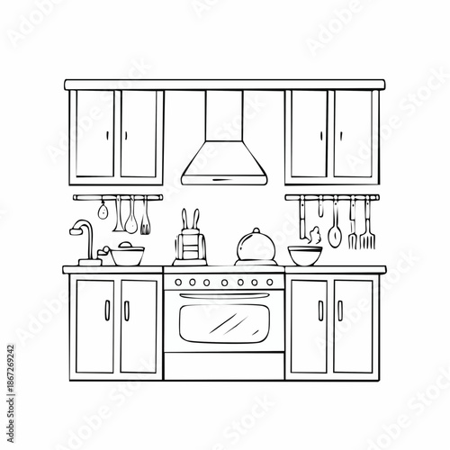 Hand-drawn kitchen interior showcasing cabinets, stove, utensils, and sink design illustration