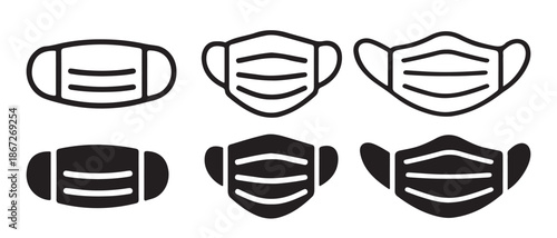 Collection of surgical masks in outline and solid black icons.