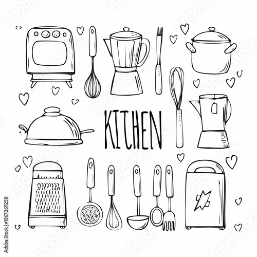 Hand-drawn kitchen tools and utensils illustration for culinary design and decoration