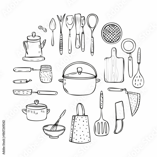 Hand-drawn kitchen utensil collection arranged in a circular design element isolated on white