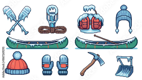 Winter adventure gear with ice and snow in pixel art style