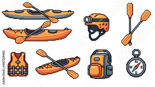 Pixel art kayaking gear set: canoes, paddles, helmet, compass, and backpack