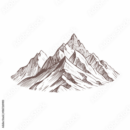 Hand-Drawn Mountain Range Illustration Showcasing a Sketchy and Detailed Landscape with Peaks