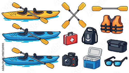 Retro pixel kayaking set with oars, life jackets, and accessories for outdoor adventures