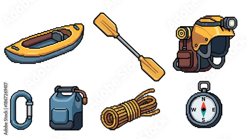 Pixel art outdoor adventure: kayak, backpack, and gear collection