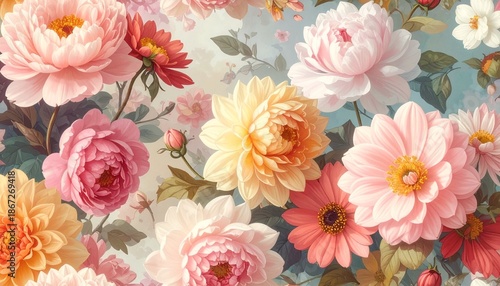 Colorful floral collage with diverse blooming flowers.