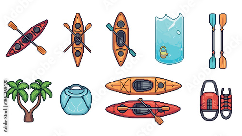Pixel art kayaking essentials: canoes, paddles, safety gear, and accessories