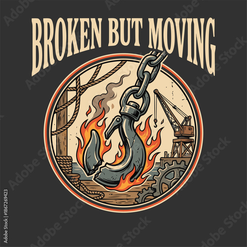 Broken But Moving Industrial Crane Hook on Fire.
