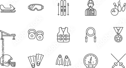 Professional Sports and Fitness Icon Set Featuring Ski Equipment, Gym Weights, Bowling, Referee, Life Vest, Fencing, Medal, and Athletic Gear