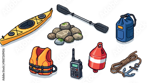 Pixel art adventure gear essentials for outdoor water sports