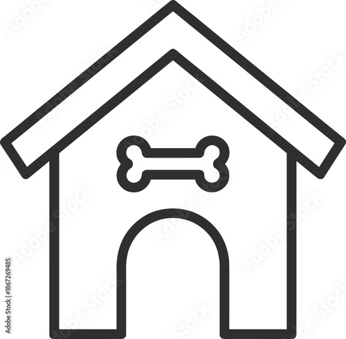 Dog house icon, pet kennel line art vector, minimal animal shelter symbol with bone, isolated black outline illustration for logo design