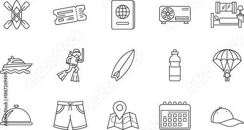 Travel and Summer Vacation Icon Set Featuring Passport, Kayak, Scuba Diving, Hotel Room, Parachuting, Surfboard, Yacht, Map, and Outdoor Adventure Activities