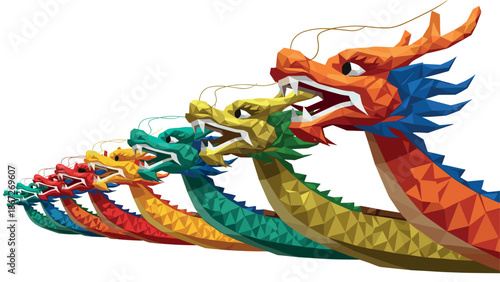 Colorful geometric dragon heads in low poly style creating a stunning 3d visual effect