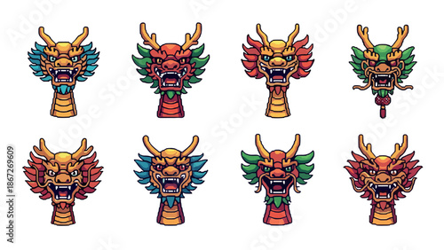 Colorful pixel art chinese dragon heads collection in retro style