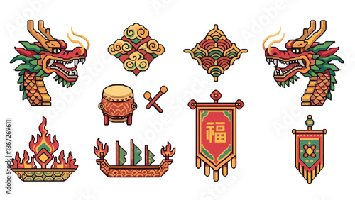 Pixel art dragon boat festival icons: traditional asian symbols and elements