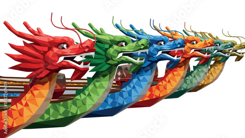 Colorful low poly dragon heads in a row