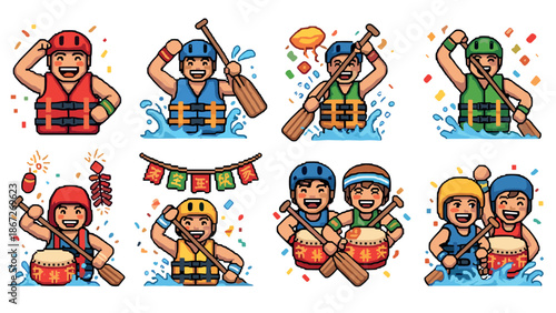 Colorful pixel art of adventurous rafting and festive celebrations