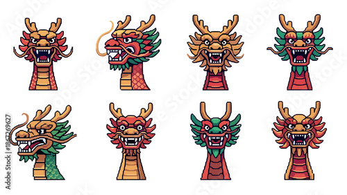 Colorful pixel art dragon heads collection on white background