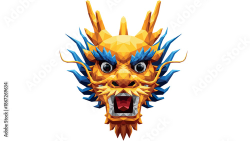 Colorful geometric dragon head with blue and gold polygonal design