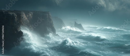 Dramatic Stormy Ocean Waves Crashing Against Rugged Sea Cliffs