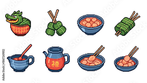 Pixel art of chinese cuisine: dumplings, rice balls, zongzi, and teapot