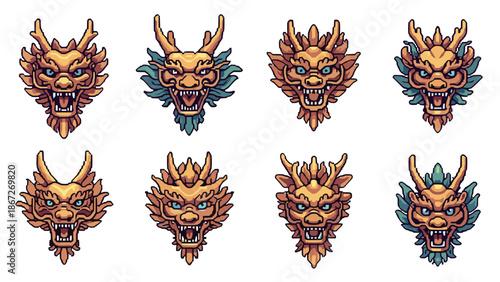 Set of detailed pixel art dragon heads with vibrant colors and fierce expressions