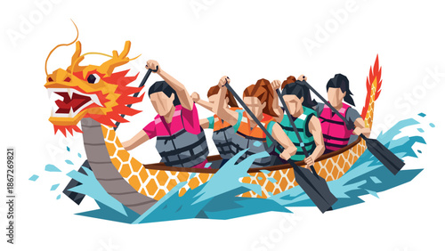 Dragon boat racing crew in action: teamwork and adventure in geometric art