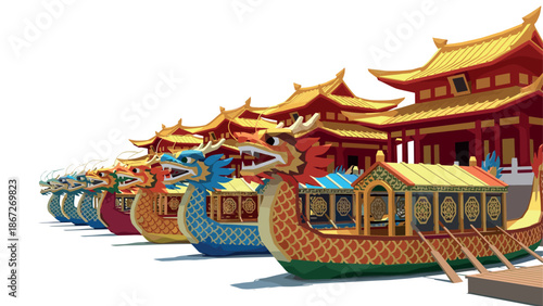 Colorful dragon boats at traditional chinese temple in 3d perspective