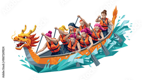Dynamic low poly dragon boat race with energetic team paddling on water