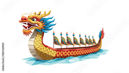 Colorful dragon boat with geometric designs on water
