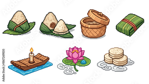 Pixel art cuisine: traditional asian foods and symbols delicately crafted
