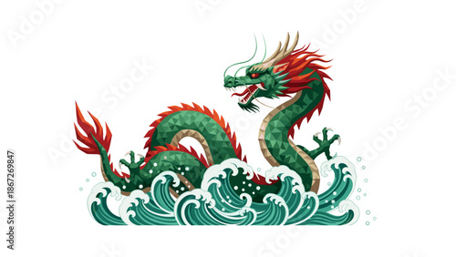 Polygonal chinese dragon with waves and vibrant colors