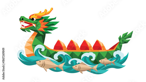 Colorful low poly dragon boat with waves and fish