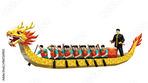 Colorful low poly dragon boat racing with team paddling