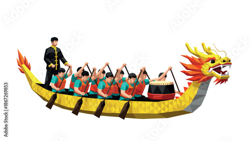 Colorful 3d dragon boat team rowing in traditional festival race