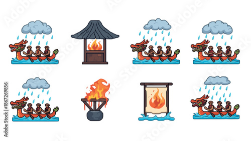 Colorful pixel art of dragon boat racing and ceremonial elements in rain