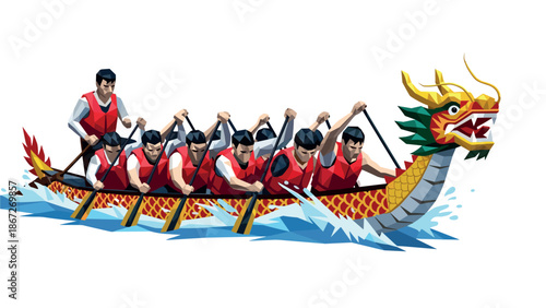 Dynamic dragon boat race with team paddling in geometric style