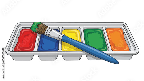 Art supplies with a brush and colorful paints.