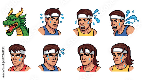 Pixel art athlete emotions with sweating dragon icon set