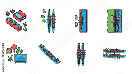 Paddle adventure: isometric dragon boat and river elements with nature scenery